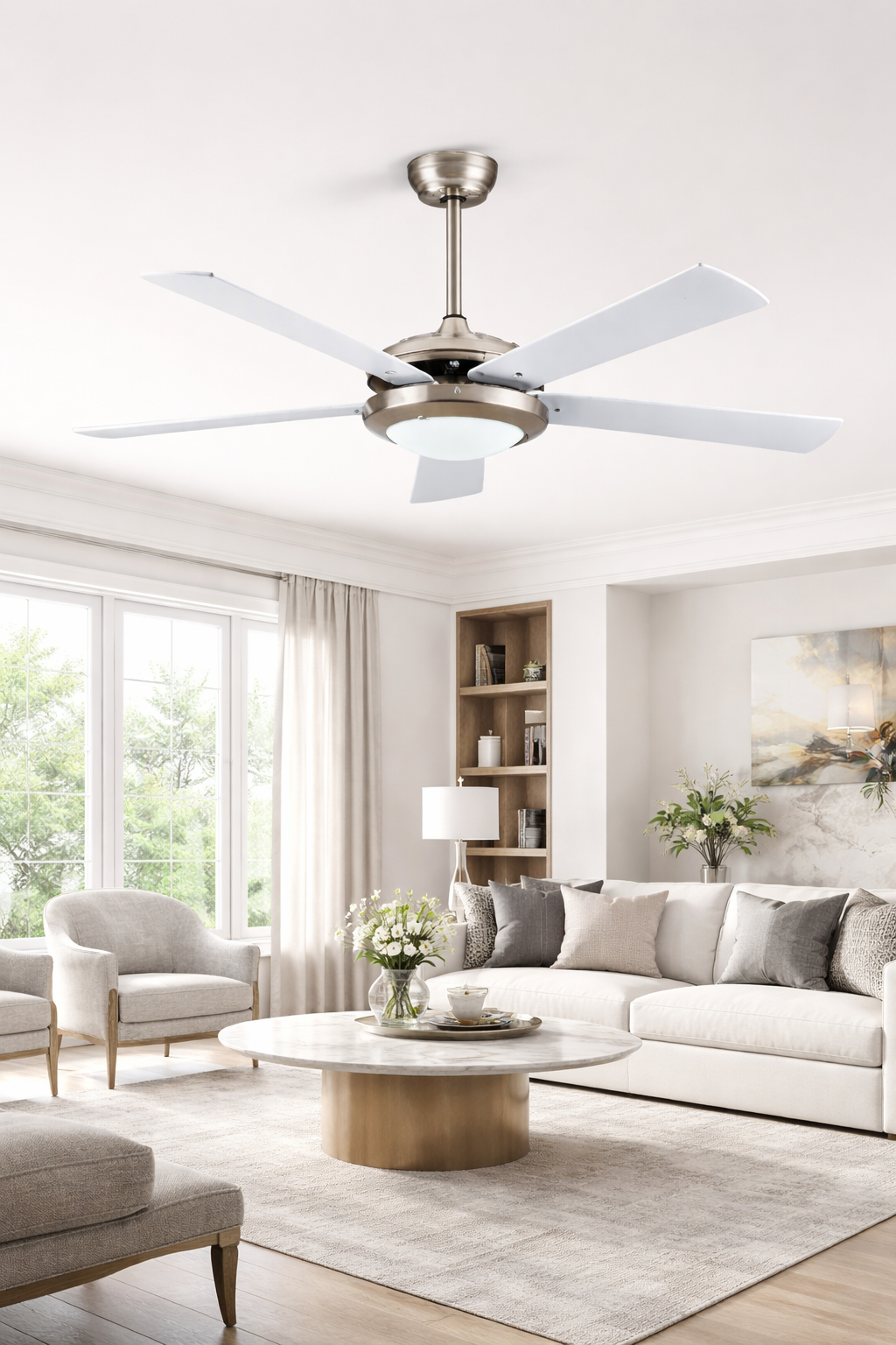 52 Inch White & Silver Ceiling Fan with LED and Remote