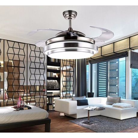 Modern ceiling fan in a stylish living room with decor elements.