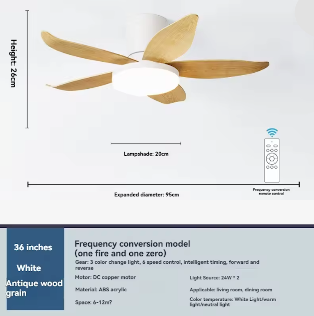 95cm White and Wood Ceiling Fan With Remote Control
