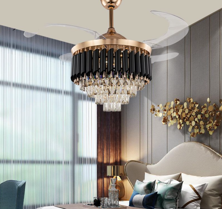 Retractable Blade Modern Crystal LED Ceiling Fan Black & Gold
