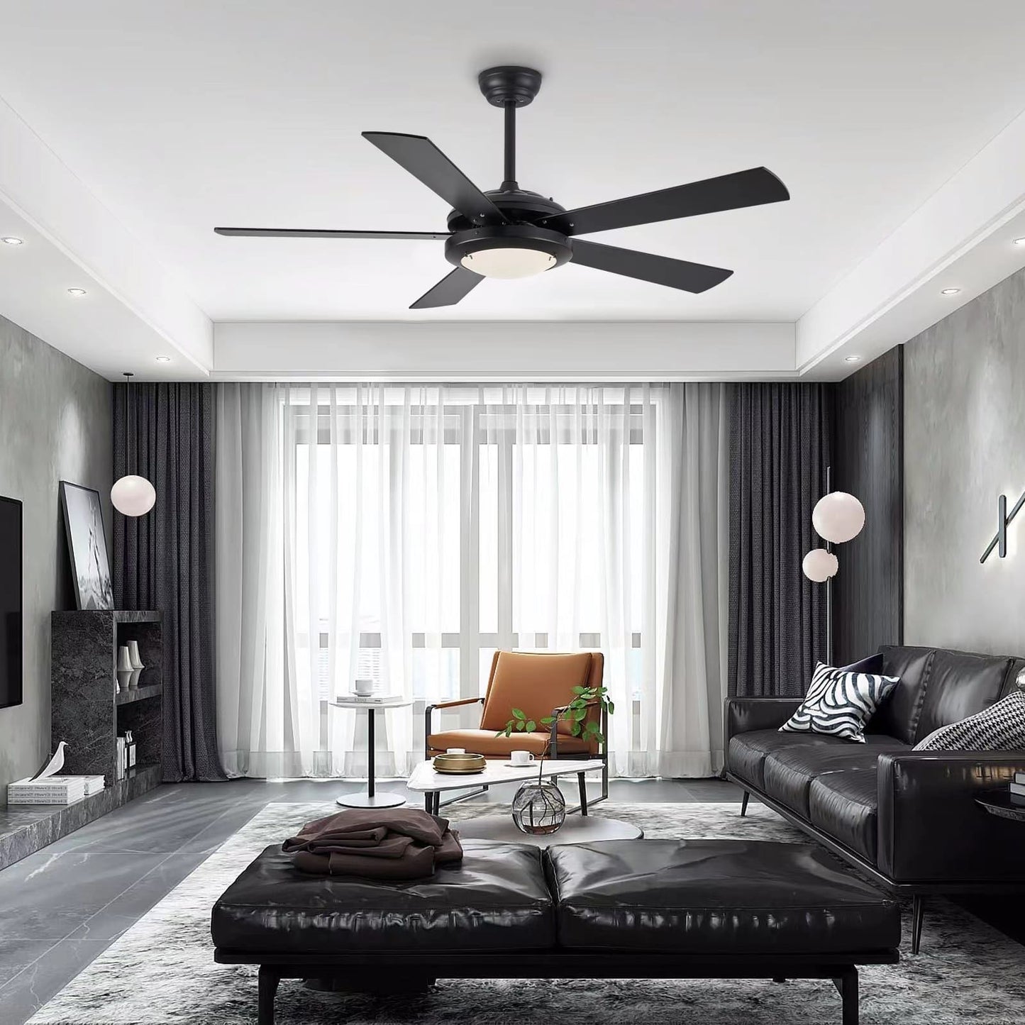 52 Inch Black Ceiling Fan with LED and Remote