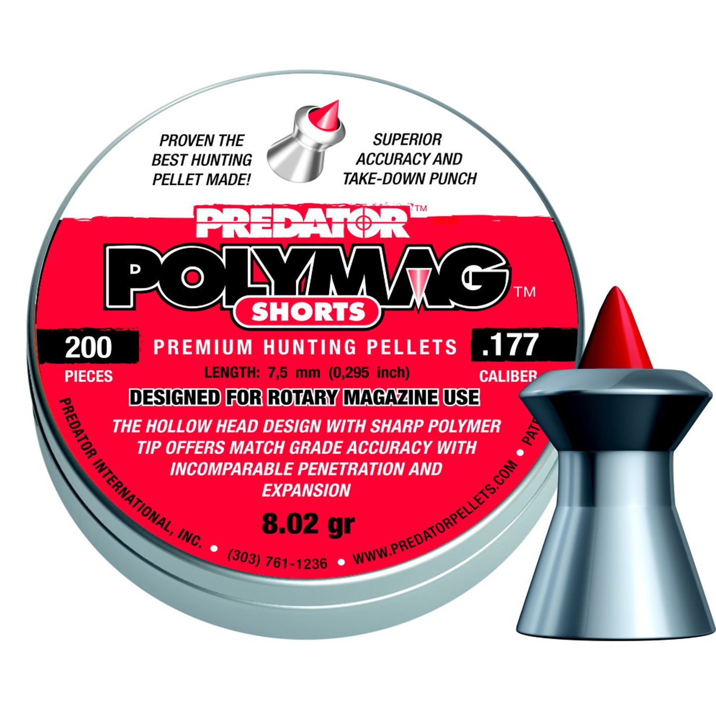 JSB Diabolo Predator Polymag Short 4.5mm .177 Cal 8.0 Grain Airgun Pellets, 200 pc