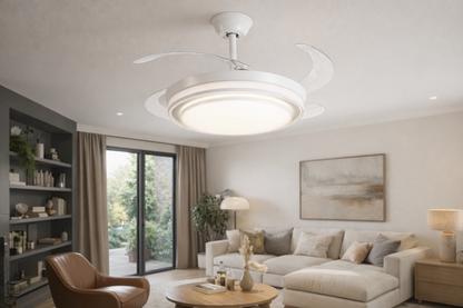 Retractable Ceiling Fan With Remote Control - White & Silver