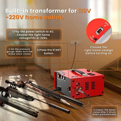 12V/220V Mini Compressor ***Red Box*** 250Bar Fill Pressure, Automatic Cut-Off Gauge