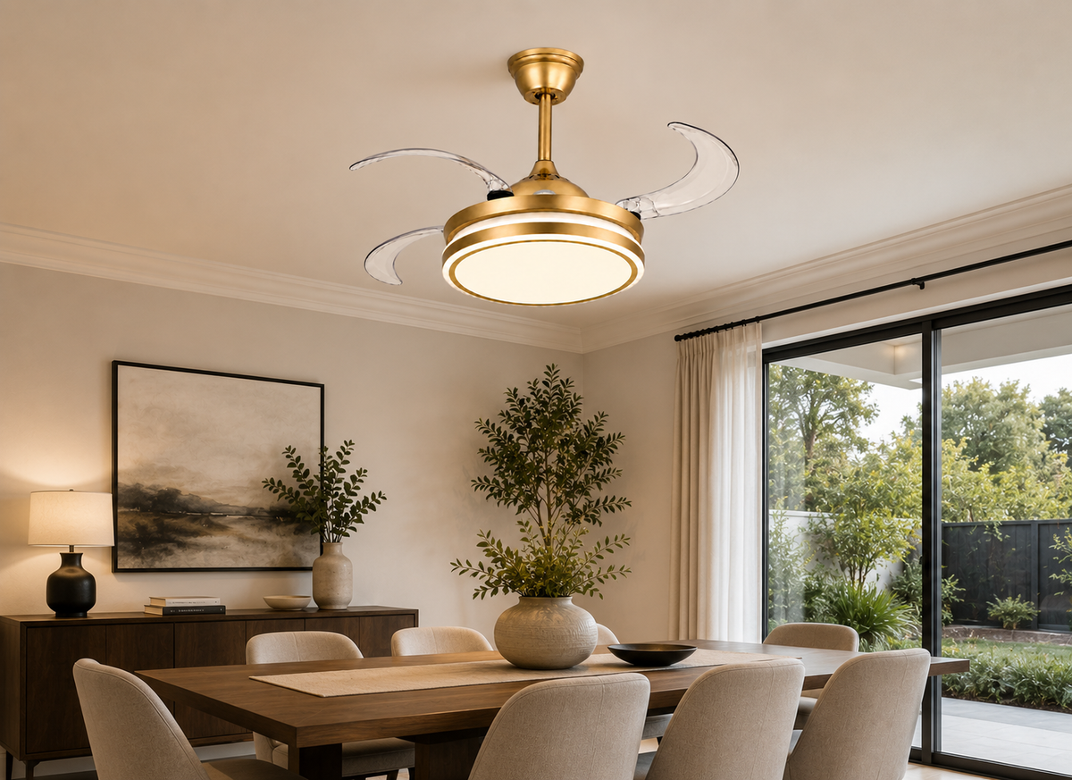 Gold Retractable Blade Ceiling Fan With Remote