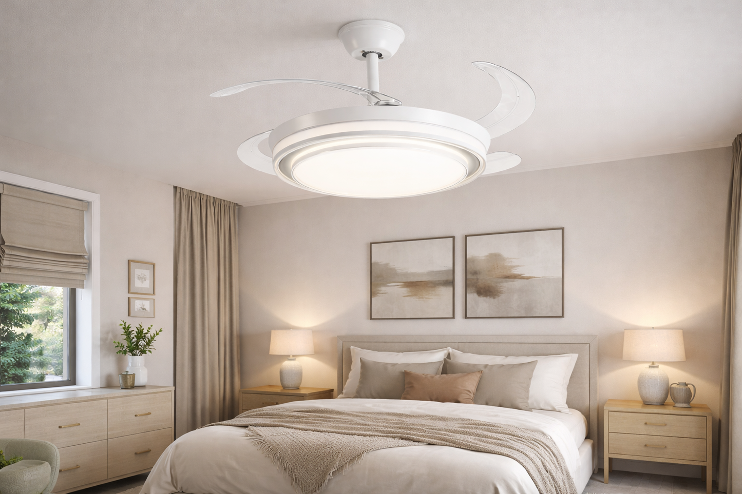 Retractable Ceiling Fan With Remote Control - White & Silver