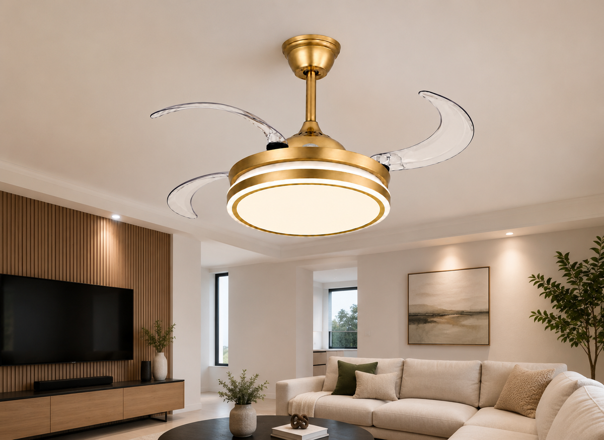Gold Retractable Blade Ceiling Fan With Remote