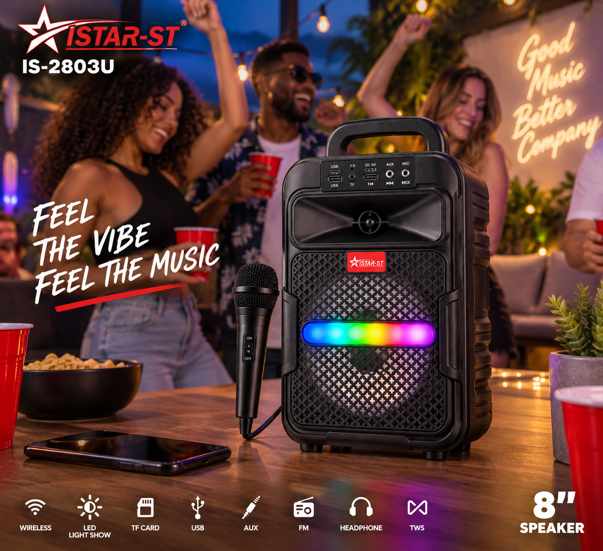 8" Bluetooth & FM Radio Portable Karaoke Speaker With Microphone