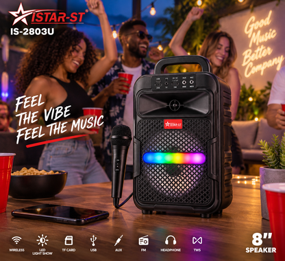 8" Bluetooth & FM Radio Portable Karaoke Speaker With Microphone