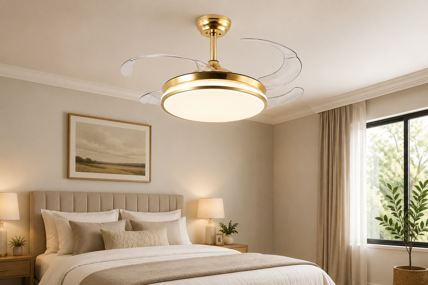 Gold Retractable Blade Ceiling Fan With Remote