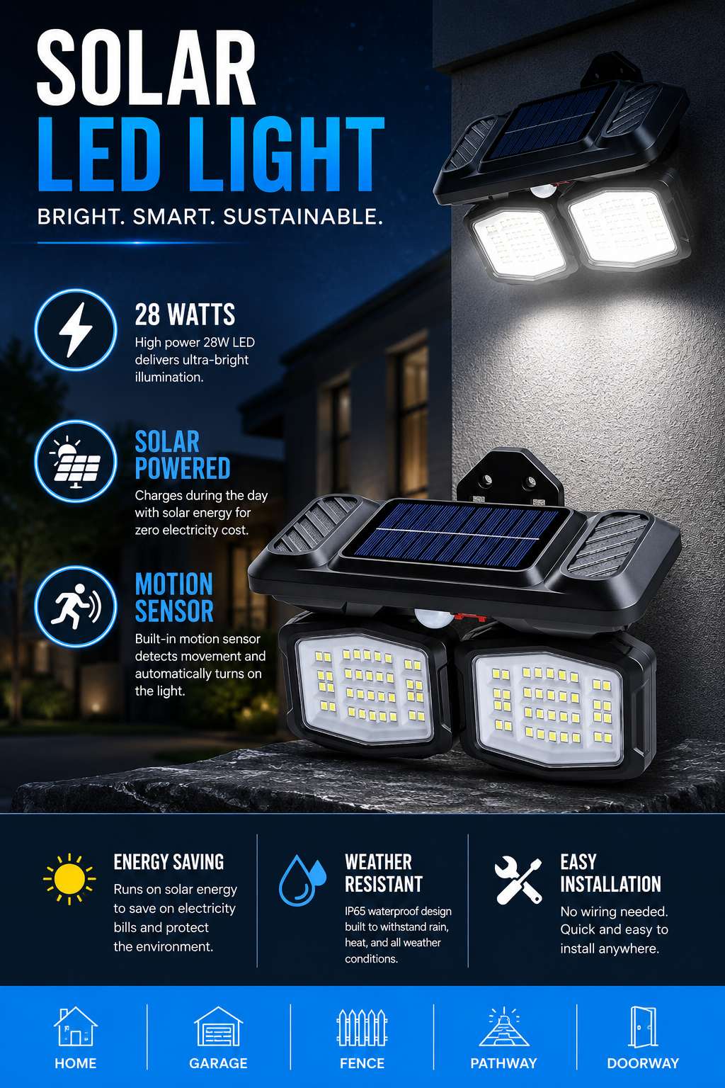 Solar Powered Double-Wall Light with Motion Sensor - 28w