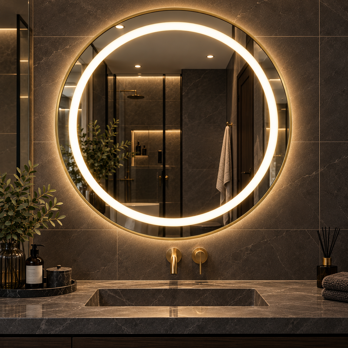 60cm Smart Touch LED Round Bathroom Mirror - Gold