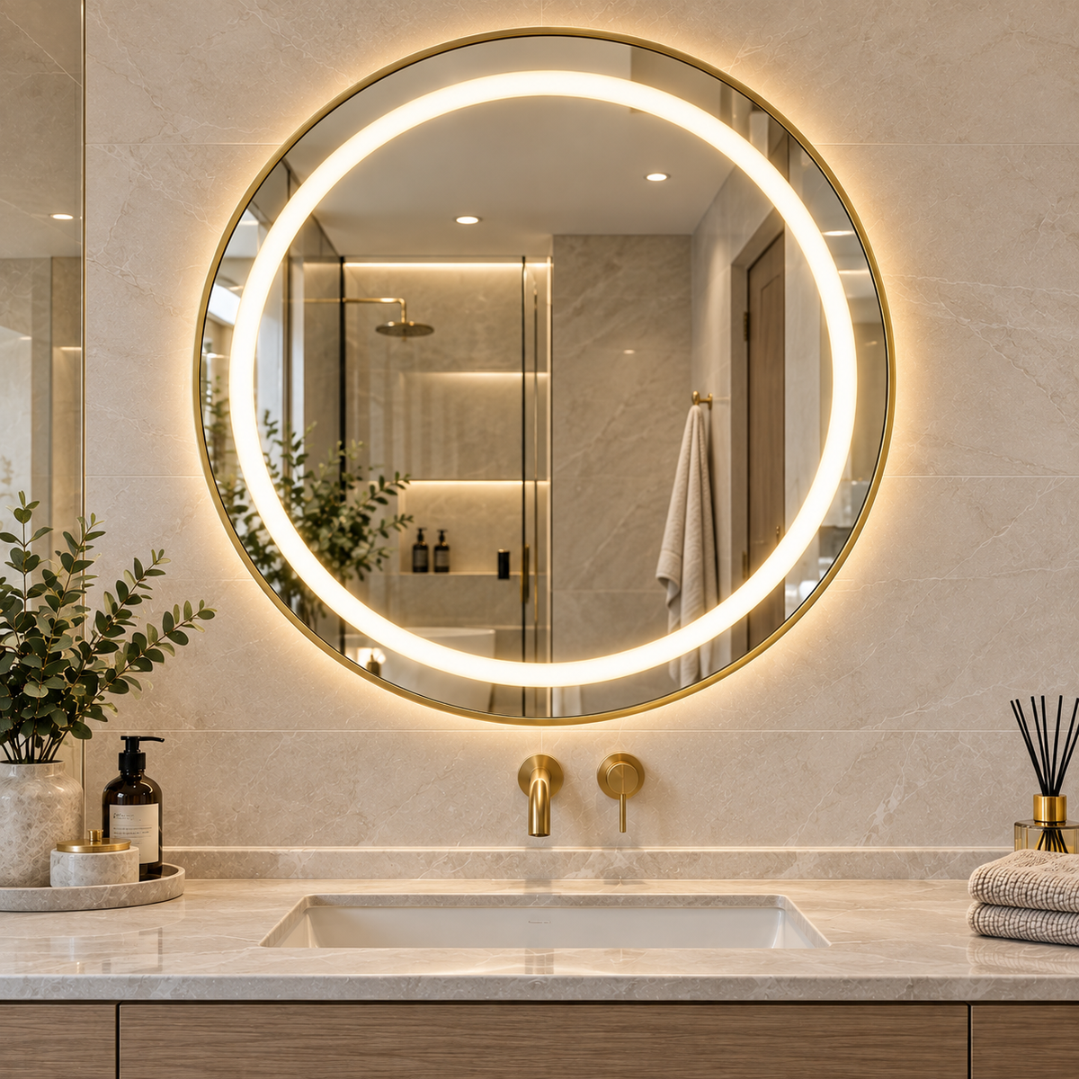 60cm Smart Touch LED Round Bathroom Mirror - Gold