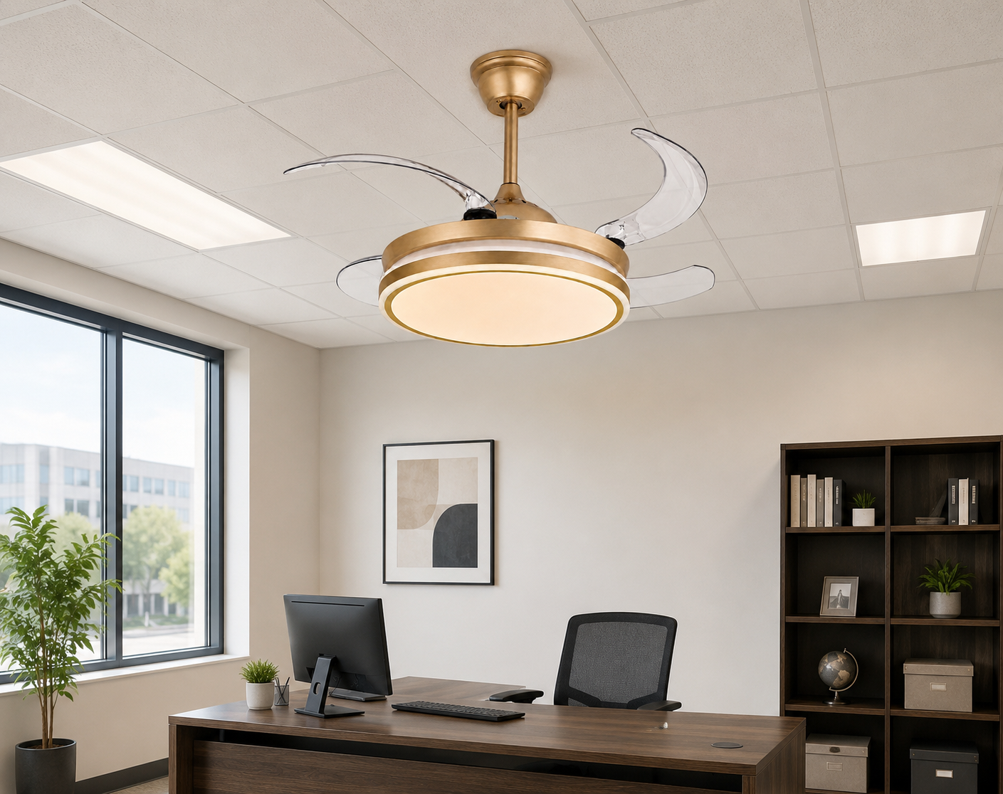 Gold Retractable Blade Ceiling Fan With Remote