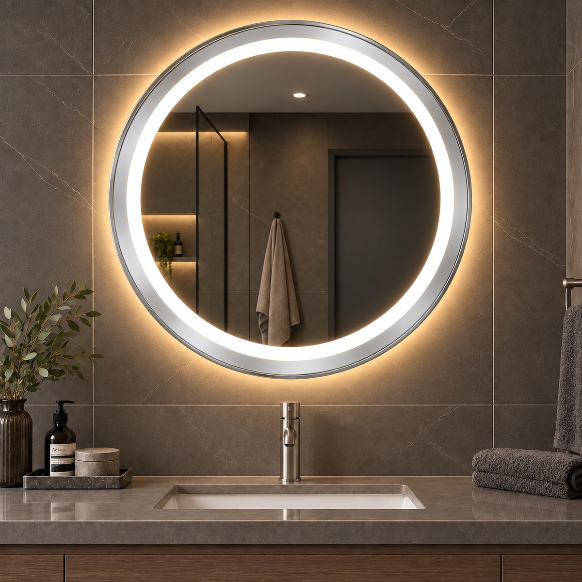 70cm Smart Touch LED Bathroom Mirror Round - Silver