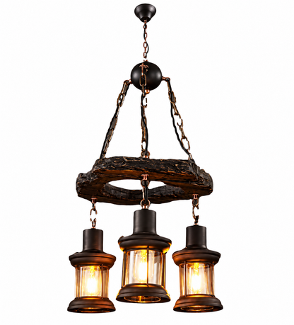 Round Rustic Wood & Iron 3 Lamp Pendant Chandelier