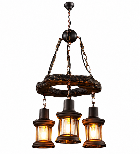 Round Rustic Wood & Iron 3 Lamp Pendant Chandelier