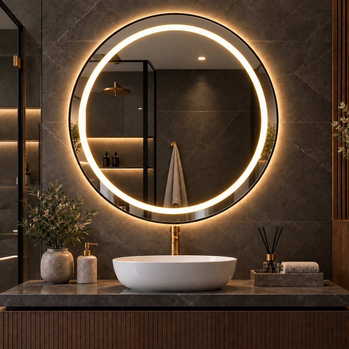 80cm Smart Touch LED Round Bathroom Mirror - Black
