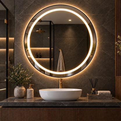 80cm Smart Touch LED Round Bathroom Mirror - Black