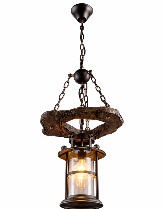 Rustic Wood & Iron Single Lamp Pendant Chandelier