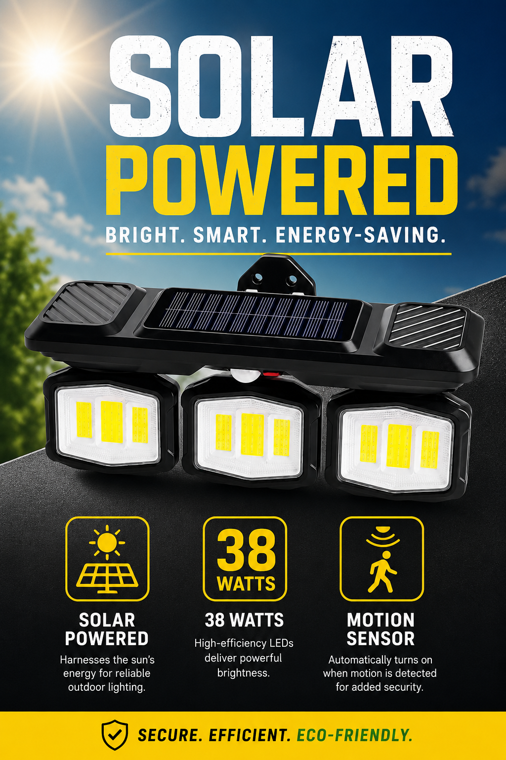 38w Solar Powered Triple Wall Light With Motion Sensor