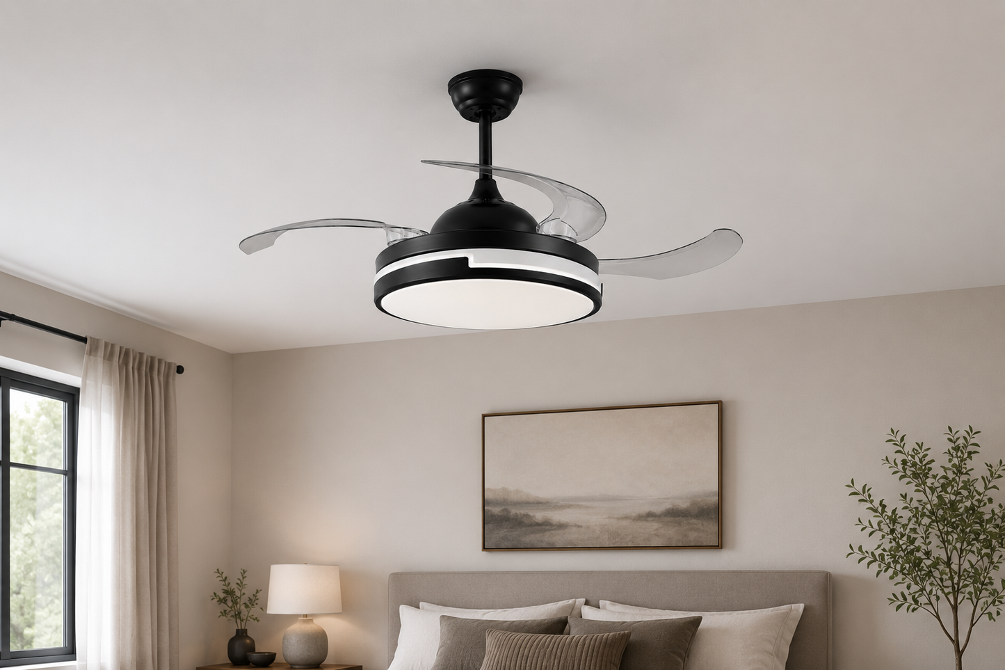 Black & White Retractable Blade Ceiling Fan With Remote
