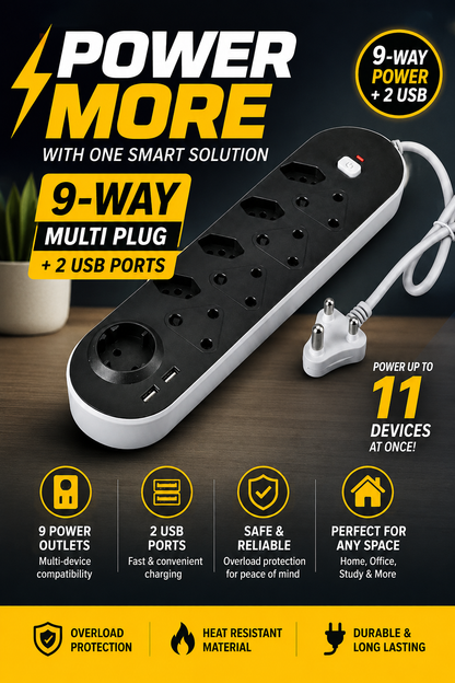 9 Way Multi Plug Plus 2 Way USB Sockets