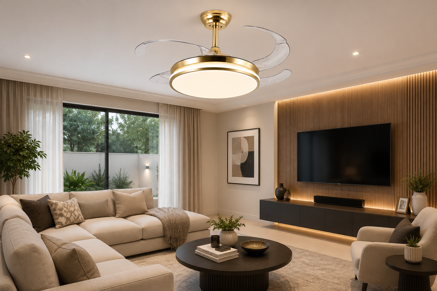 Gold Retractable Blade Ceiling Fan With Remote