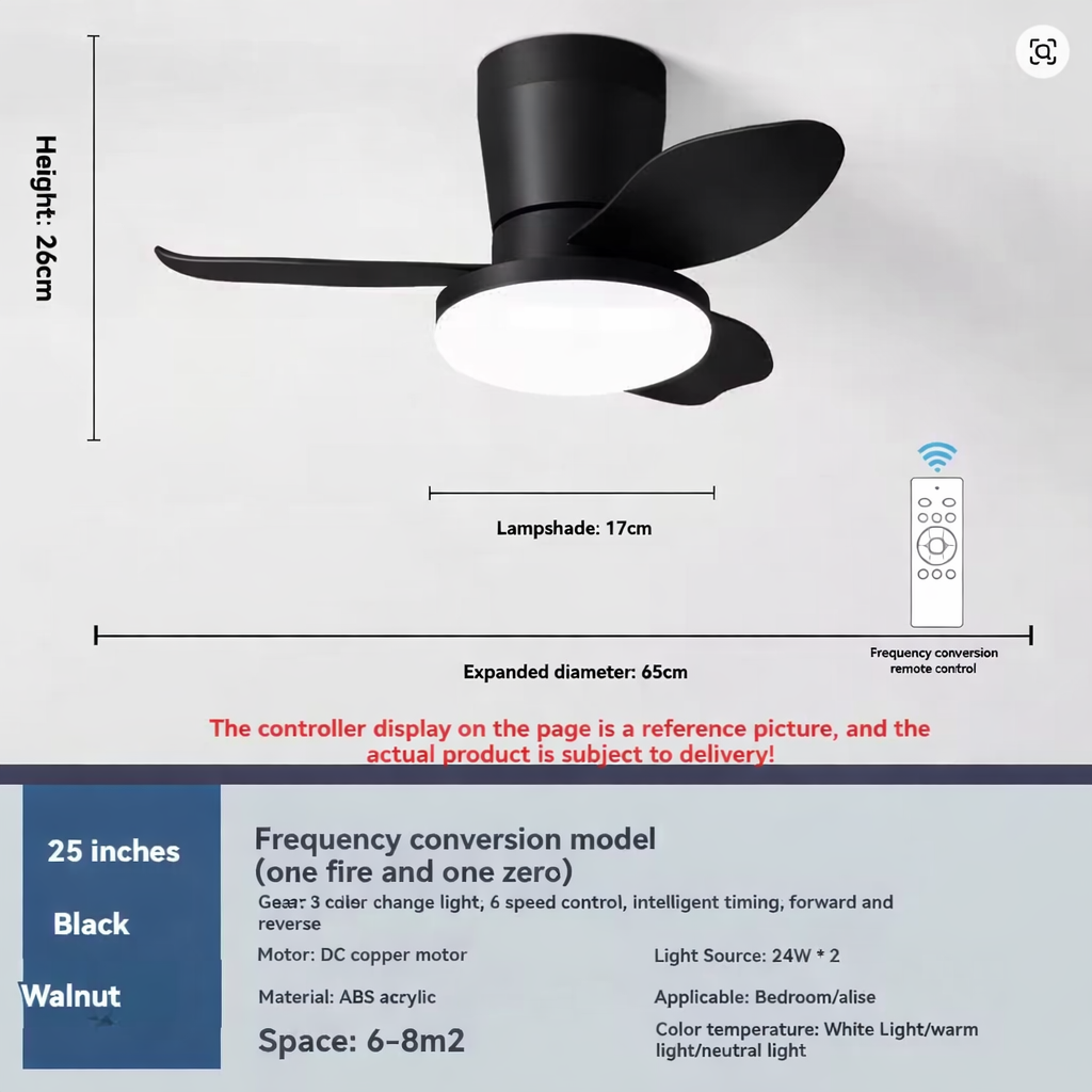 65cm Compact Three Blade Ceiling Fan With Remote Control - 25 Inch