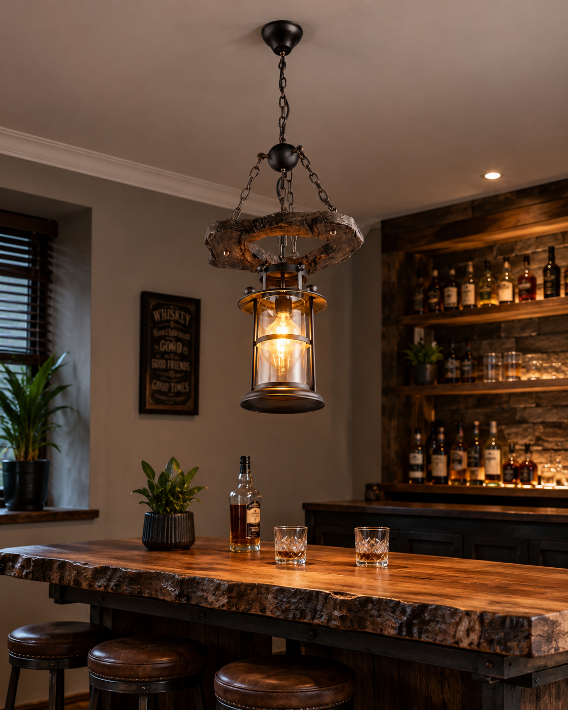 Rustic Wood & Iron Single Lamp Pendant Chandelier