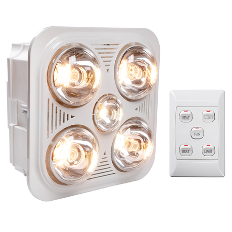 3-in-1 bathroom heater, fan, and light with 1100W heating, ceiling mount, and wall switch. Ideal for warm, ventilated, and well-lit indoor bathrooms.