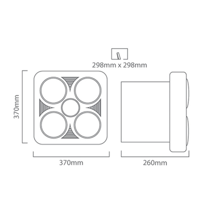 Technical drawing of a rectangular light fixture with dimensions