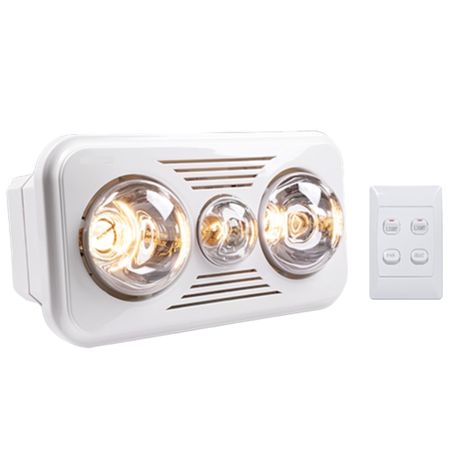 3-in-1 bathroom ceiling unit with 550W heater, LED light, and extractor fan for efficient heating, ventilation, and illumination.