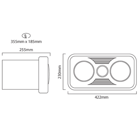Technical drawing of a rectangular object with dimensions labeled