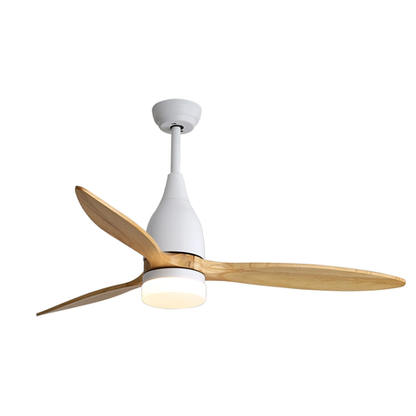 52-inch white wood ceiling fan with remote control, reversible AC motor, quiet performance, and modern design ideal for medium to large indoor spaces.