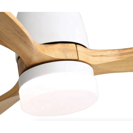 52-inch white wood ceiling fan with remote control, reversible AC motor, quiet performance, and modern design ideal for medium to large indoor spaces.