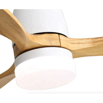 52-inch white wood ceiling fan with remote control, reversible AC motor, quiet performance, and modern design ideal for medium to large indoor spaces.