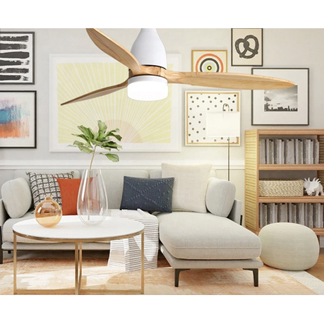 Modern living room with a ceiling fan, sofa, coffee table, and decorative elements.