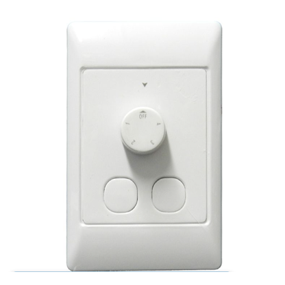 White wall switch with a dimmer knob on a white background