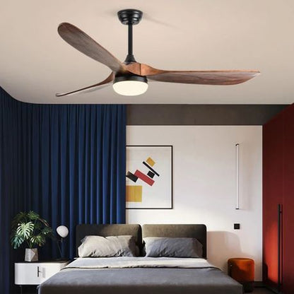 52-inch ceiling fan with remote, walnut wood blades, LED light and reversible motor for stylish, quiet indoor airflow and energy-efficient comfort.