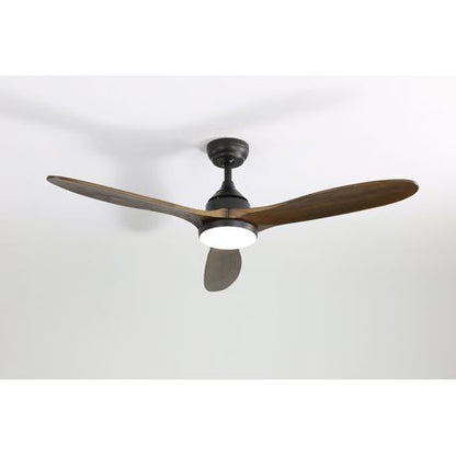 Ceiling fan with wooden blades on a white ceiling