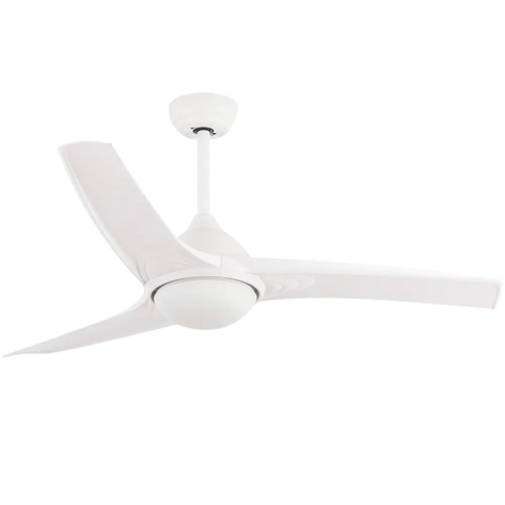 Remote-controlled white ceiling fan with integrated 18W LED, energy-efficient 24W motor, quiet operation, and sleek design for modern indoor spaces.