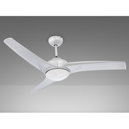 Modern ceiling fan with white blades on a gray background