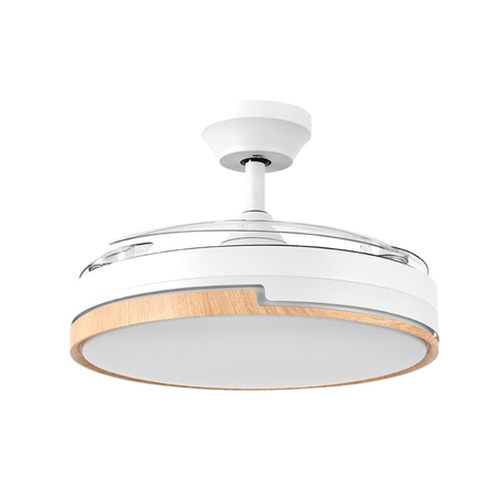 Ceiling fan with white and wood design on a white background