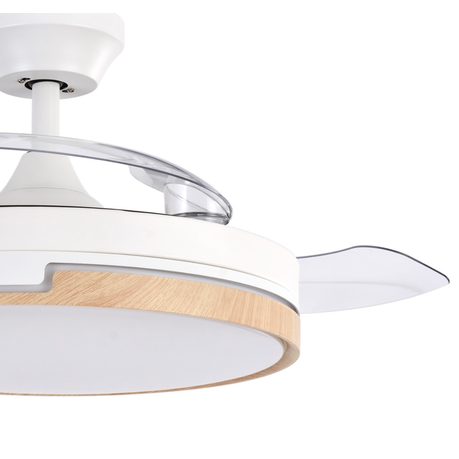 Ceiling fan with white and wooden design on a white background