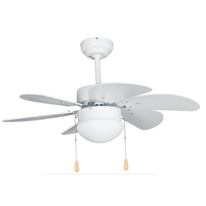 Stylish white 6-blade ceiling fan with integrated light, 800mm span, ideal for indoor cooling and illumination in bedrooms, lounges, and offices.
