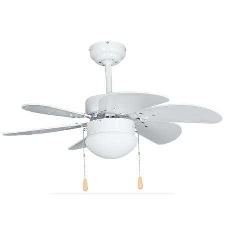 Stylish white 6-blade ceiling fan with integrated light, 800mm span, ideal for indoor cooling and illumination in bedrooms, lounges, and offices.