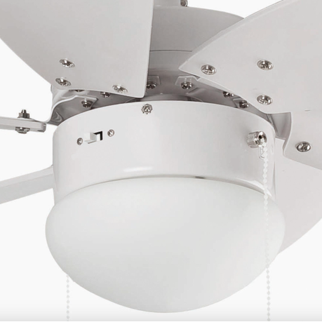 Close-up of a ceiling fan with white blades and light fixture.