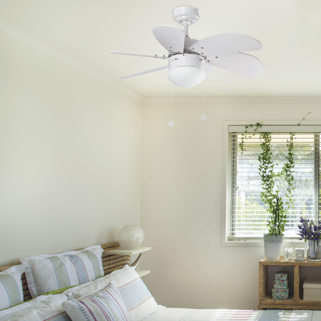Ceiling fan in a bedroom with a bed and window in the background