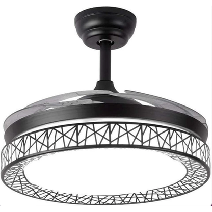 Black ceiling fan with geometric design on a white background